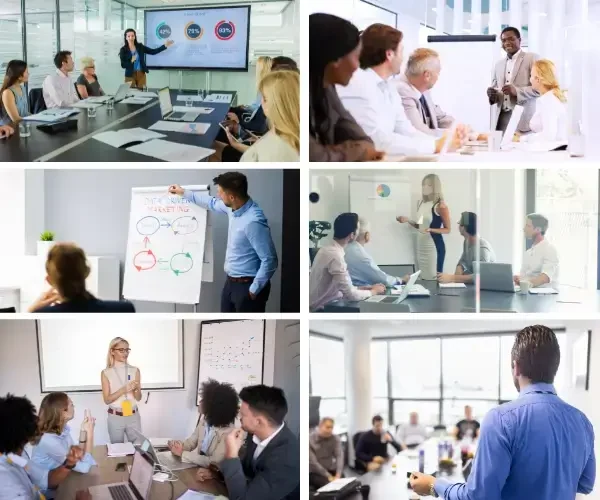 Mosaïque de situations de présentation commerciale : présentation de résultats à l’écran, réunion de comité, paperboard, échanges en salle de réunion, prise de parole devant un petit groupe