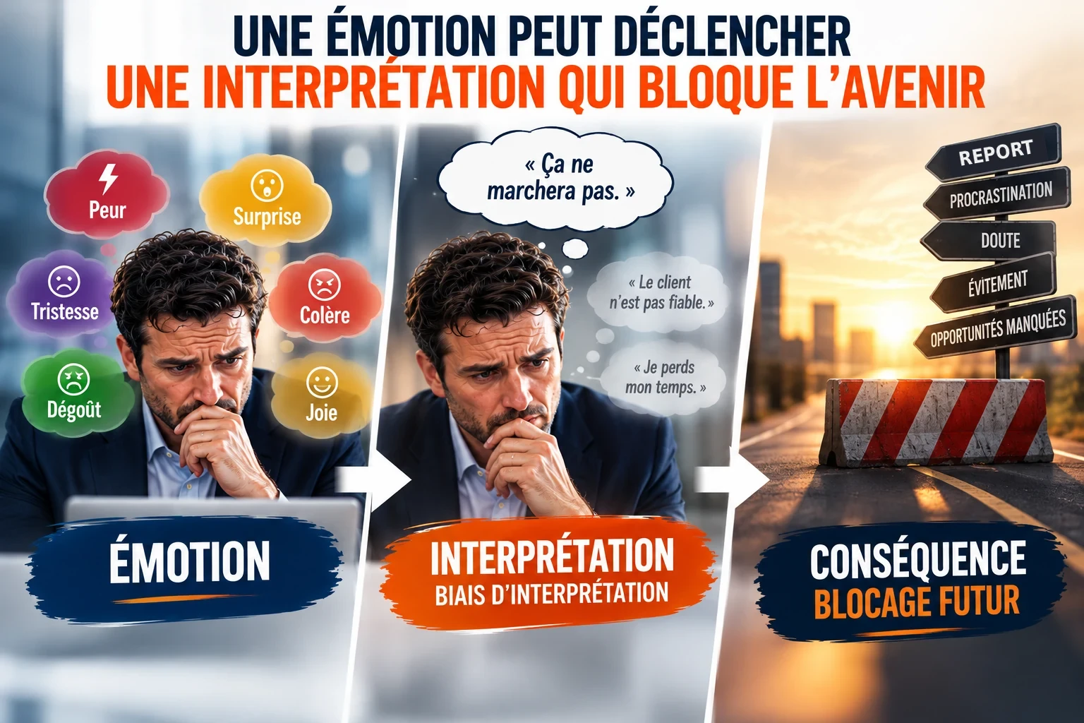 Schéma : une émotion déclenche une interprétation qui peut bloquer l’avenir (pas de relance, procrastination, doute, évitement)